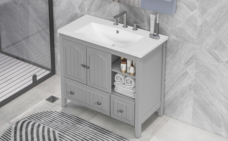 [VIDEO] 36" Bathroom Vanity with Ceramic Basin, Bathroom Storage Cabinet with Two Doors and Drawers, Solid Frame, Metal Handles, Grey