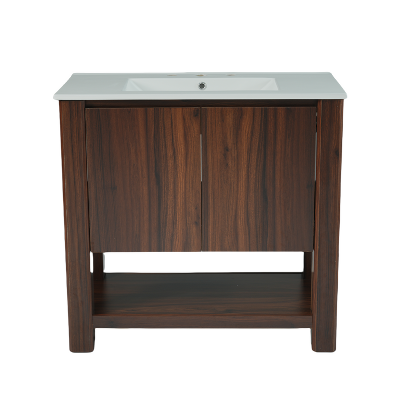 36' Modern Bathroom Vanity with Rectangle Ceramic Sink, Bathroom Cabinet with Large storage space and 45 Degrees Free-Handle Design Soft-Closing Doors, 1 Open Shelf at the Bottom, Dark Brown