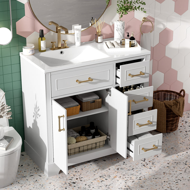 36' Luxury Elegant Bathroom Vanity with Ceramic Sink, Soft Closing Doors, 4 Durable Smooth Soft-close Drawers, 1 Adjustable Shelf , Modern Design, Solid Wood Frame