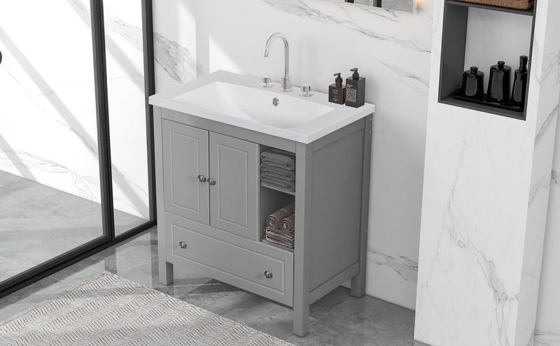 [VIDEO] 30" Bathroom Vanity with Sink, Bathroom Storage Cabinet with Doors and Drawers, Solid Wood Frame, Ceramic Sink, Grey