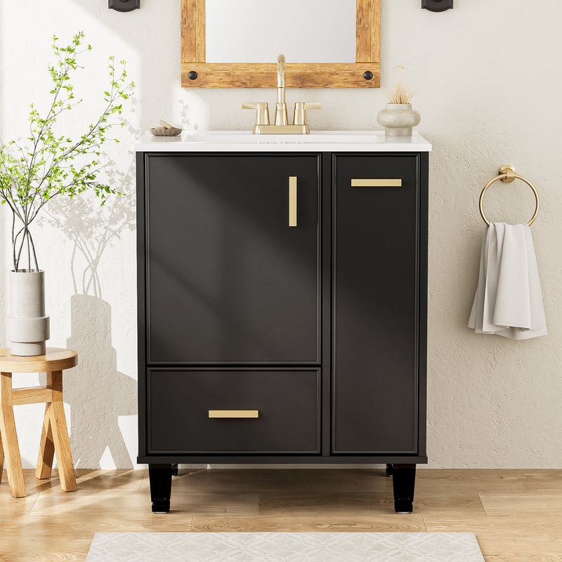 24' Bathroom Vanity with Sink, Bathroom Cabinet with Door Shelf, Deep Drawer, 2-Tier Pull-Out Basket, Solid Wood Frame and MDF Board, One Package, Black