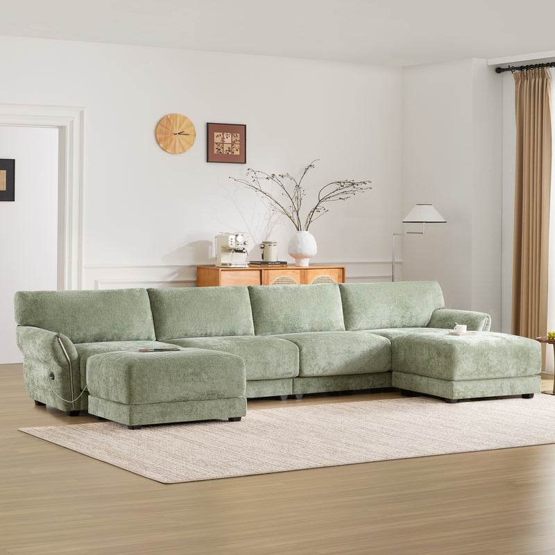 [VIDEO]142' Modular Sectional Sofa, U-Shape with Extra-Wide Seat Cushion, USB and Type-C Charger, Petal Armrest Design, High Density Foam, Free Movement Ottoman, Wood Frame, Chenille, 6 Seat, 3 Colors