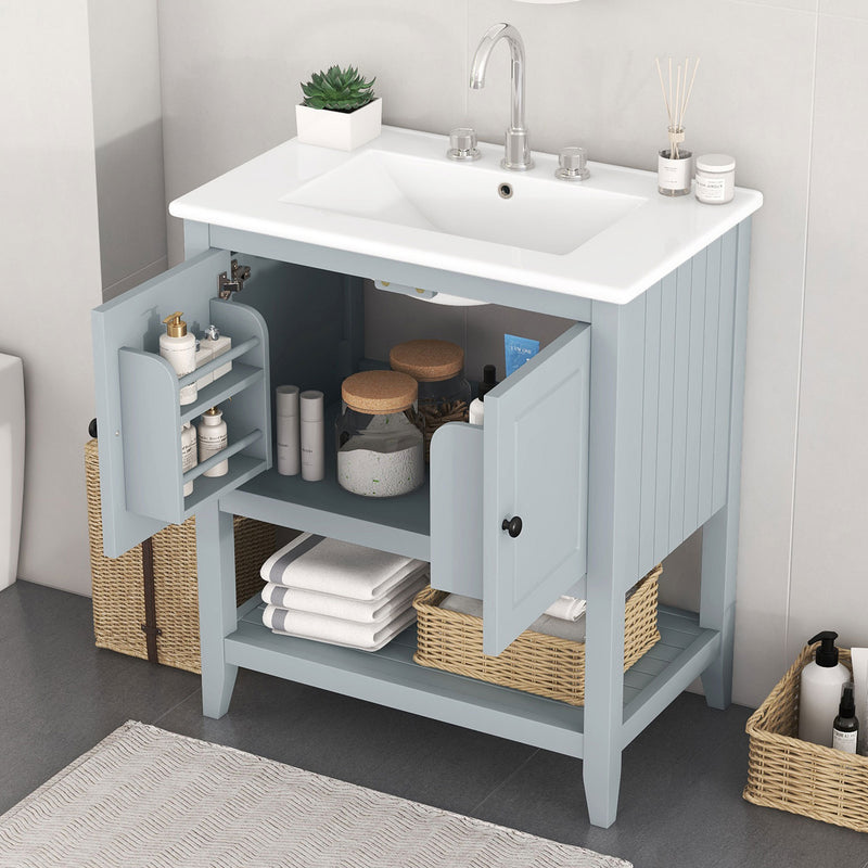 30' Gray Modern Sleek Bathroom Vanity Elegant Ceramic Sink with Solid Wood Frame Open Style Shelf & Door Shelf Design