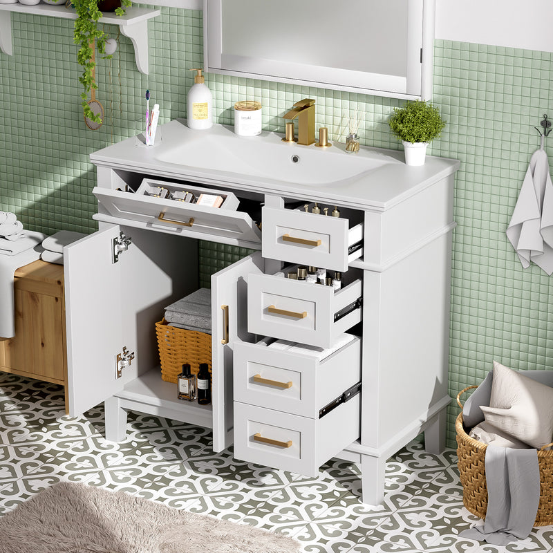 36' White Modern Bathroom Vanity with Ceramic Sink, Soft Close Doors, 4 Drawers for Storage, Elegant Design for Small Bathrooms(Old SKU:SV000025AAK)