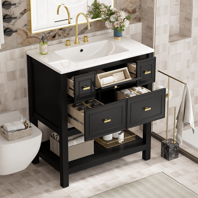 30'' Bathroom Vanity with Ceramic Sink Combo, Free Standing Single Vanity Set with 5 Drawers, Solid Wood Frame Bathroom Storage Cabinet