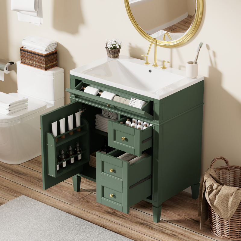 30'' Bathroom Vanity with Top Sink, Modern Bathroom Storage Cabinet with 2 Drawers and a Tip-out Drawer, Single Sink Bathroom Vanity (Same as SW000122AAF)