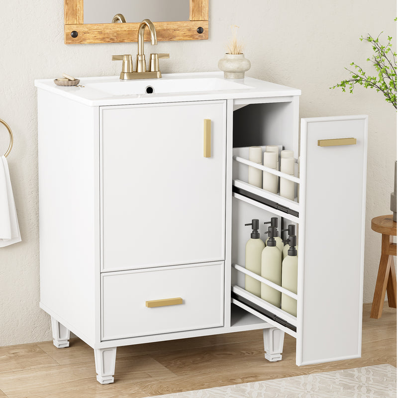 24' Bathroom Vanity with Sink, Bathroom Cabinet with Door Shelf, Deep Drawer, 2-Tier Pull-Out Basket, Solid Wood Frame and MDF Board, One Package, White