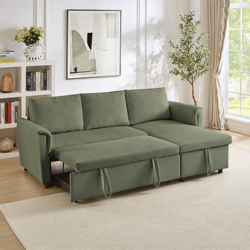 Loveseat Sofa with Chaise Lounge L-Shaped Modular Convertible Sofa with Storage Chaise, Corduroy Tufted Upholstered Sleeper Sectional Sofa,Pull Out Sleep Couch Bed and Reclining Backrest-Green