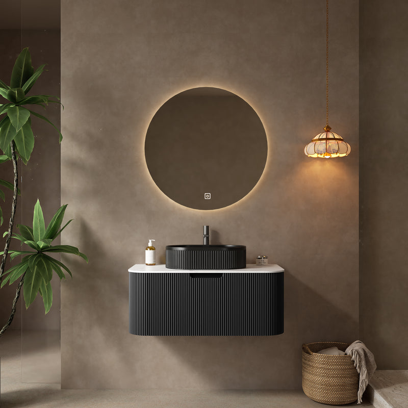 DINA 36' Bathroom Vanity with Sink, Modern Wall-Mounted Floating Curved Edges Striped Bathroom Storage Cabinet with a Drawer, Black Ceramic Vessel Basin without Faucet, Pre-assembled, Black Color