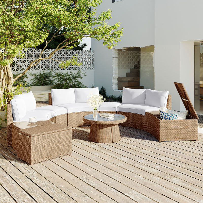 TOPMAX 10-Piece Outdoor Sectional Half Round Patio Rattan Sofa Set, PE Wicker Conversation Furniture Set for Free Combination, White