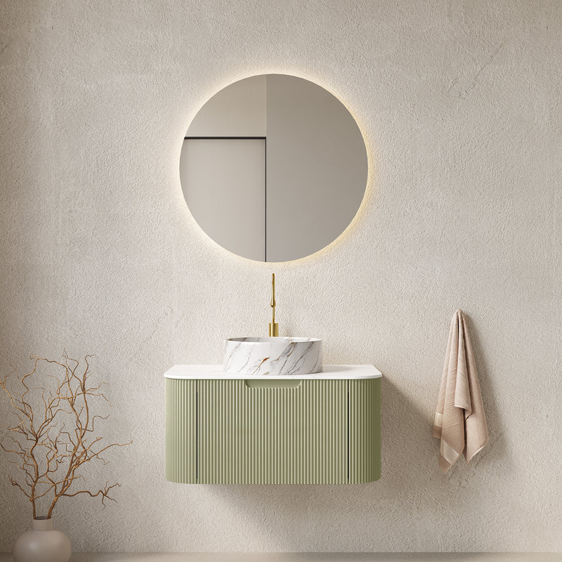 DINA 30' Bathroom Vanity with Sink, Wall-Mounted Floating Curved Edges Striped Bathroom Storage Cabinet with Drawer, White Round Ceramic Basin with Stone Pattern, Pre-assembled, Light Green Color