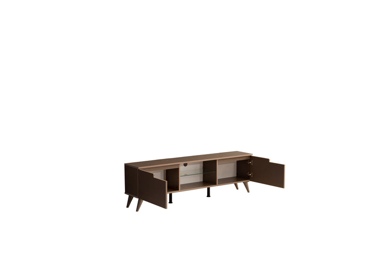 FurnisHome Store Denver Mid Century Modern Tv Stand 2 Door Cabinets 1 Glass Shelf 66 inch Tv Unit, Brown