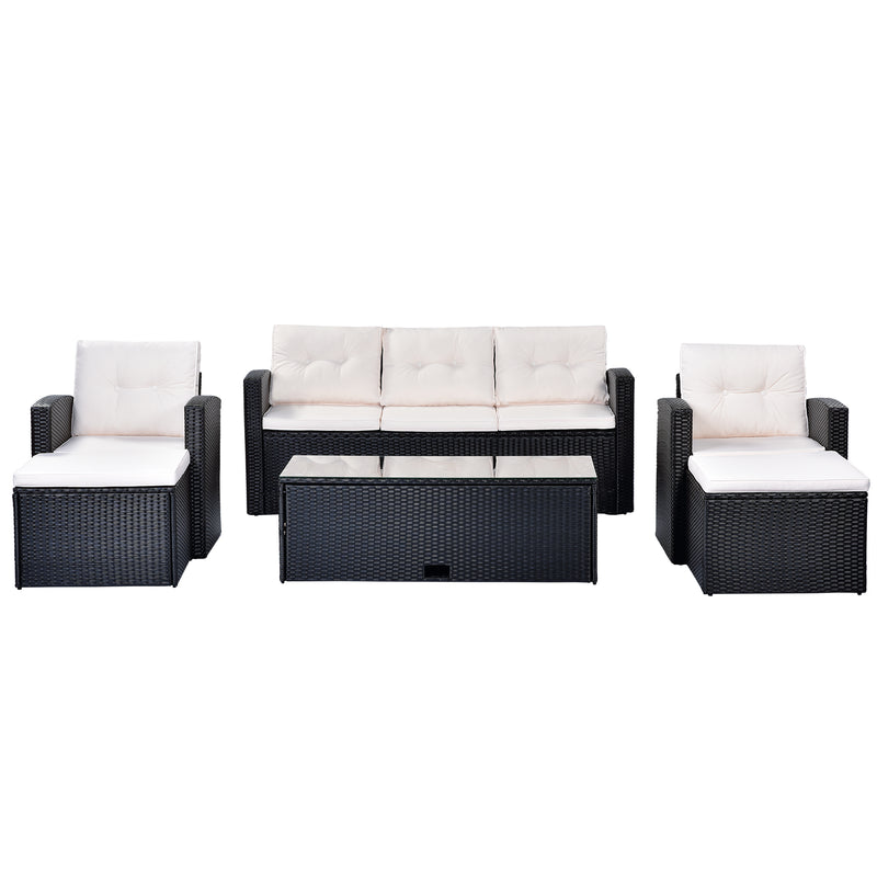6-piece All-Weather Wicker PE rattan Patio Outdoor Dining Conversation Sectional Set with coffee table, wicker sofas, ottomans, removable cushions (Black wicker, Beige cushion)