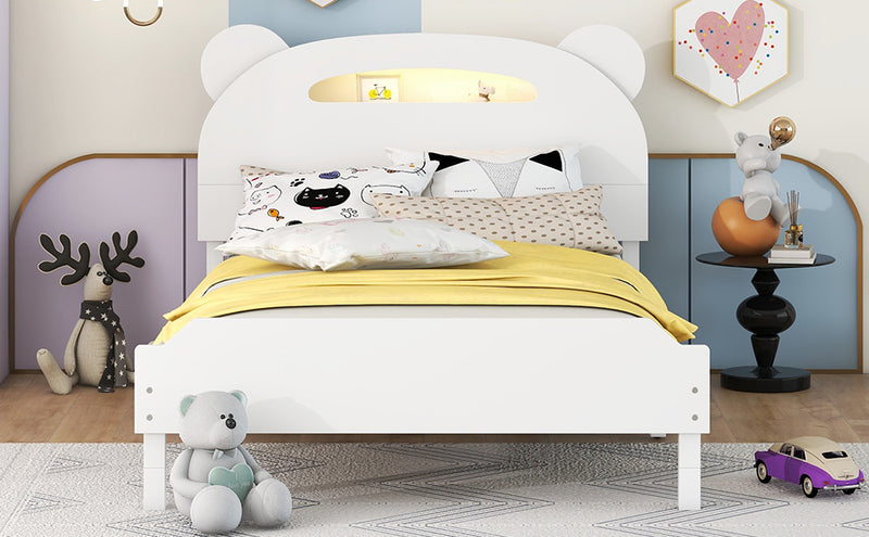 Twin Size Wood Platform Bed with Bear-shaped Headboard,Bed with Motion Activated Night Lights,White