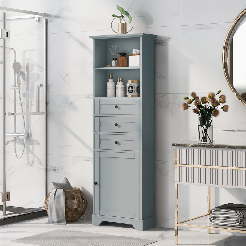 Grey Tall Storage Cabinet with 3 Drawers and Adjustable Shelves for Bathroom, Kitchen and Living Room, MDF Board with Painted Finish