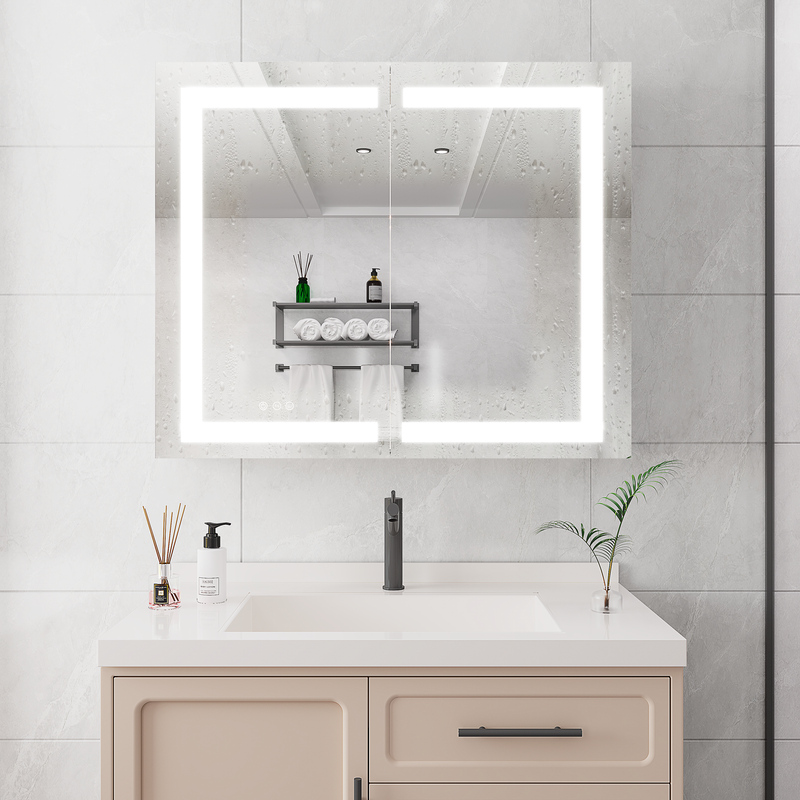 36 x 30 inch Medicine Cabinet with LED Vanity Mirror, Anti-Fog, Recessed or Surface Mount, Waterproof, Dimmable, Aluminum 3000K~6000K Lighted Double Door Bathroom Cabinet with Touch Switch