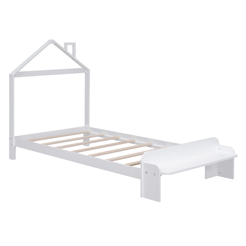 Twin Size Wood Platform Bed with House-shaped Headboard and Footboard Bench,White