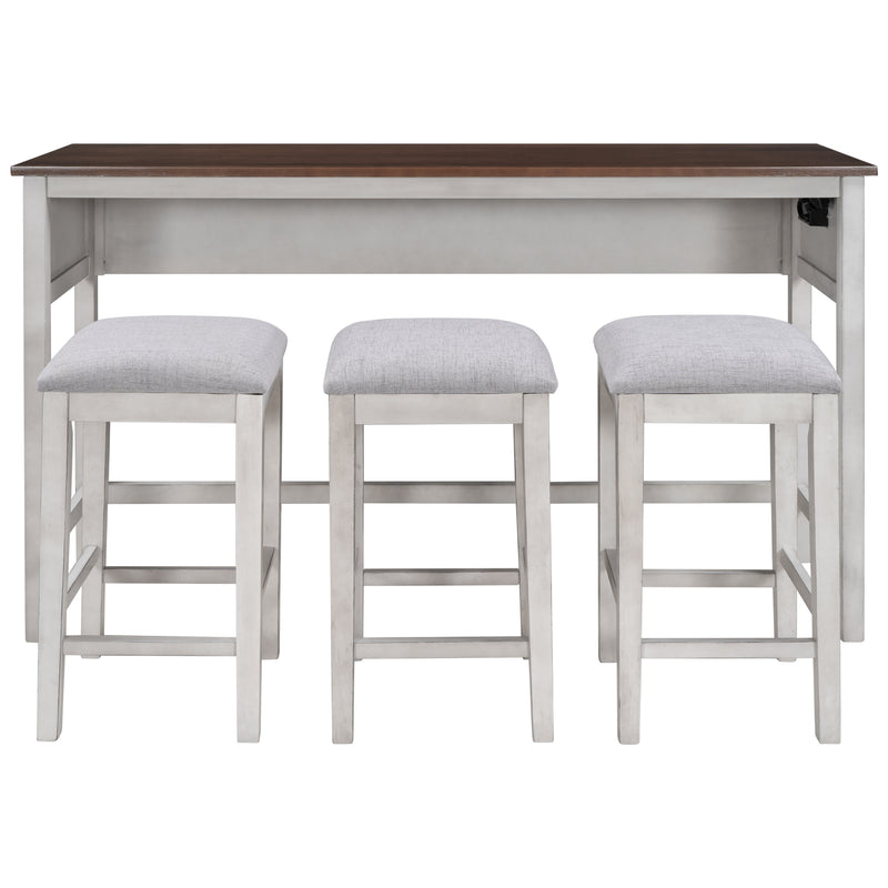 4 Pieces Counter Height Table with Fabric Padded Stools,Rustic Bar Dining Set with Socket,Cherry Top +Distressed White Body