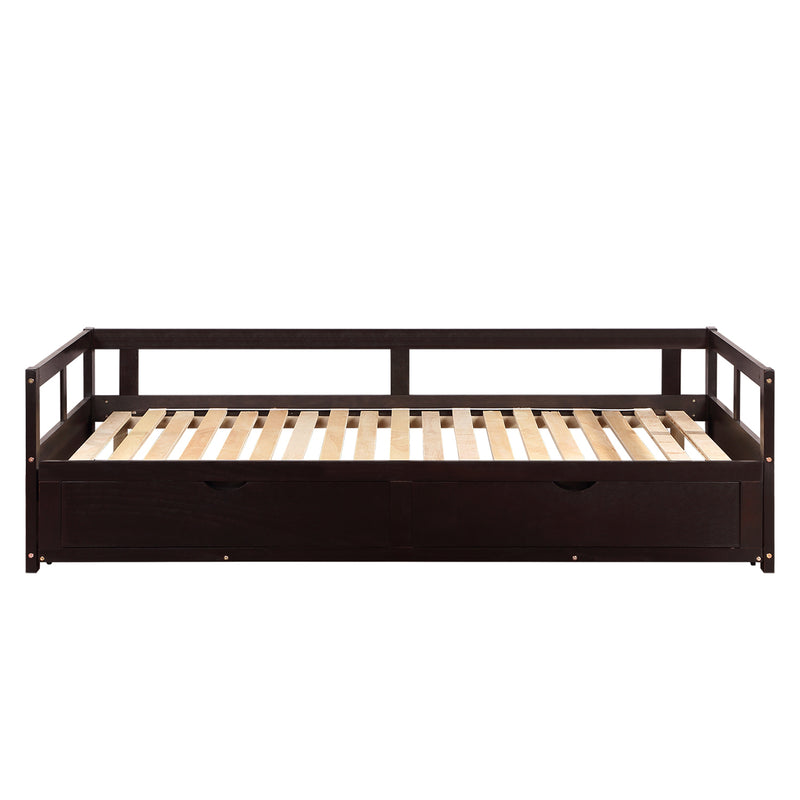 Wooden Daybed with Trundle Bed and Two Storage Drawers , Extendable Bed Daybed,Sofa Bed for Bedroom Living Room,Espresso