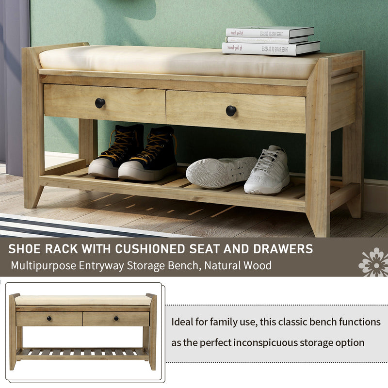 Shoe Rack with Cushioned Seat and Drawers, Multipurpose Entryway Storage Bench (Gray Wash)