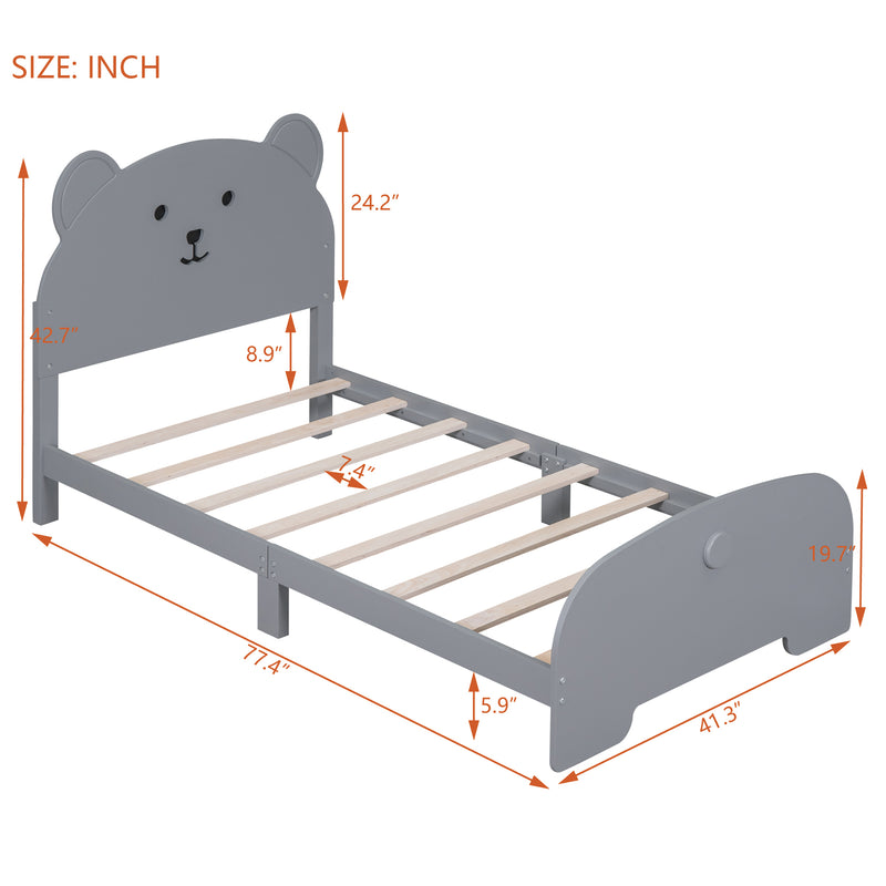 Twin Size Wood Platform Bed with Bear-shaped Headboard and Footboard,Gray