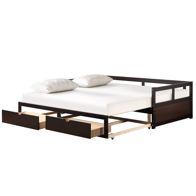 Wooden Daybed with Trundle Bed and Two Storage Drawers , Extendable Bed Daybed,Sofa Bed for Bedroom Living Room,Espresso