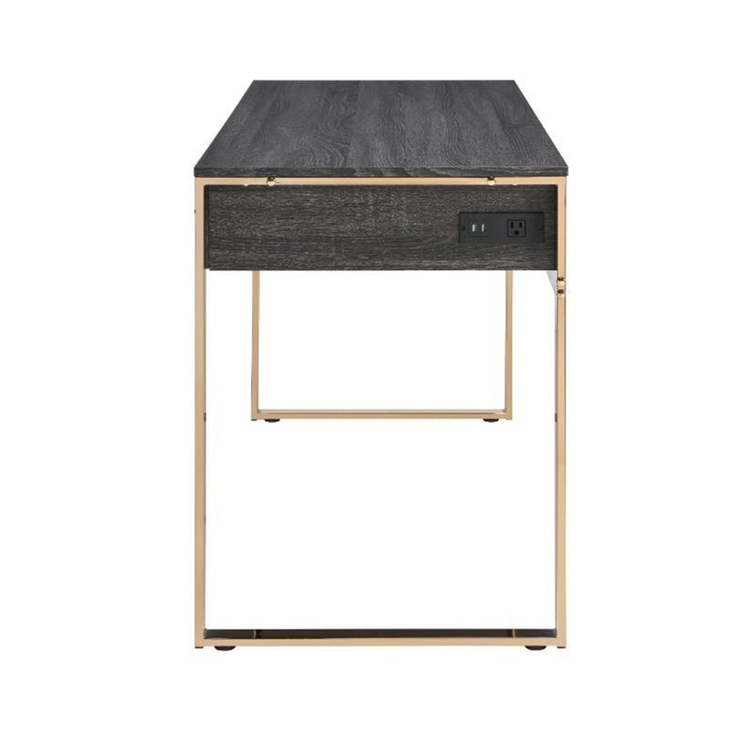 Metal Frame Wood Writing Desk, Computer Table with 2 Drawers in Champagne Gold & Black Finish