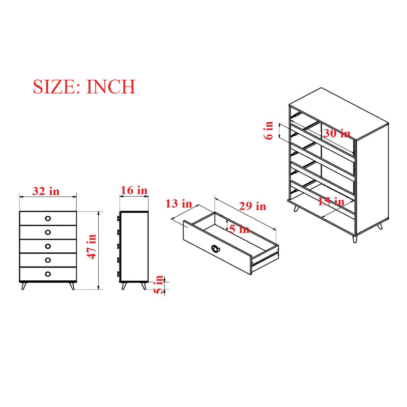 5 Drawers Chest Wood Cabinet with Metal Foots