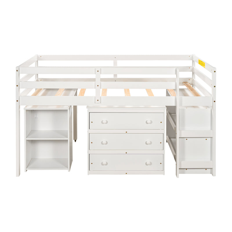 Low Study Twin Loft Bed with Cabinet and Rolling Portable Desk