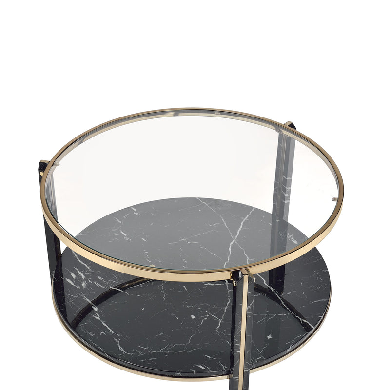 Metal Frame Round Coffee Table With Clear Glass Top Marble Shelf