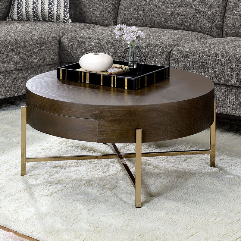 Metal Frame Wood Round Coffee Table with 1 Drawer