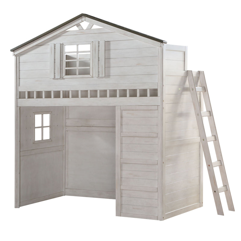 Tree House Loft Bed for Kids (Twin Size) in Weathered White & Washed Gray