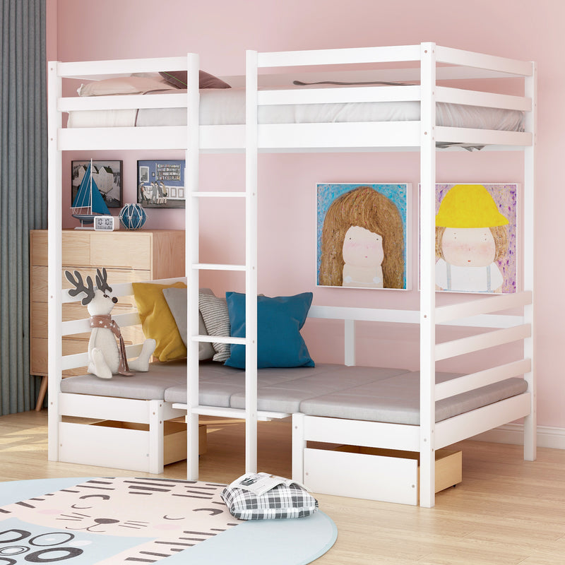 Functional Loft Bed (turn into upper bed and down desk，cushion sets are free), Twin Size, White