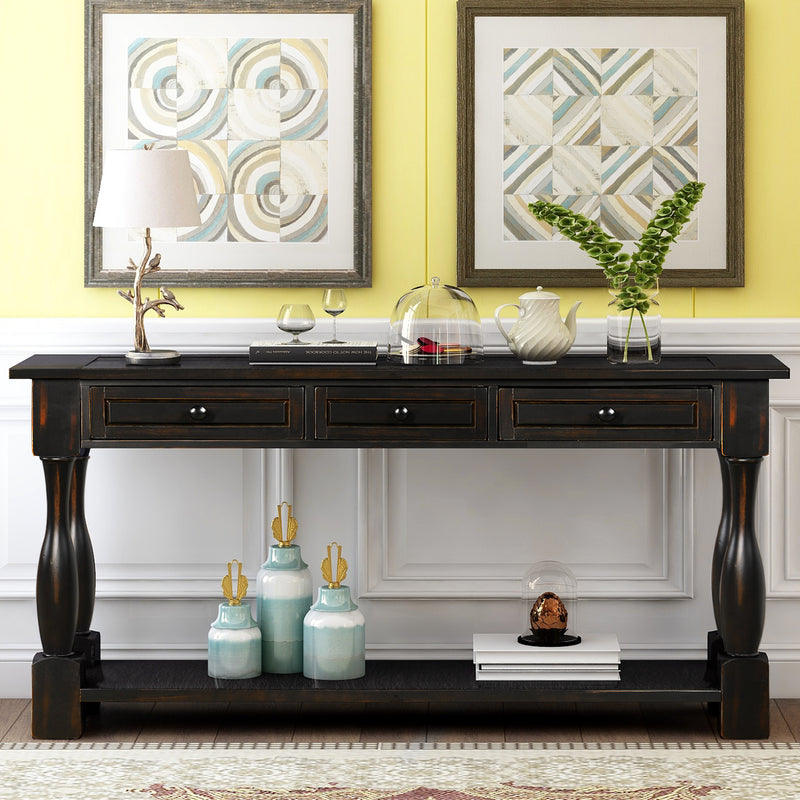 Console Table 64" Long Sofa Table Easy Assembly with Drawers and Shelf for Entryway, Hallway, Living Room, Black, White