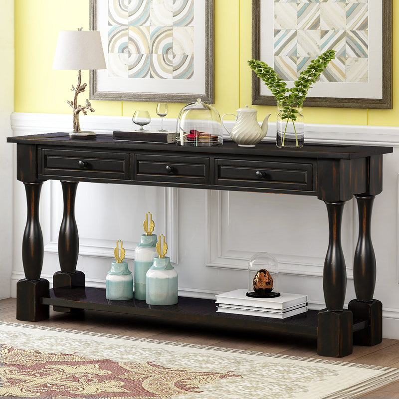 Console Table 64" Long Sofa Table Easy Assembly with Drawers and Shelf for Entryway, Hallway, Living Room, Black, White