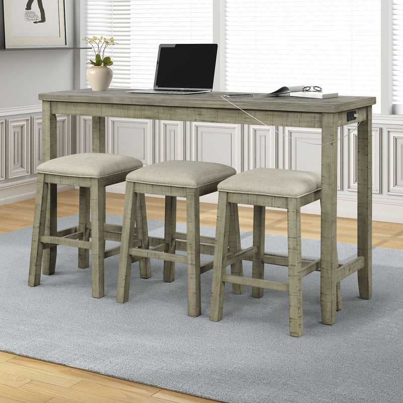 4 Pieces Counter Height Table with Fabric Padded Stools,Rustic Bar Dining Set with Socket