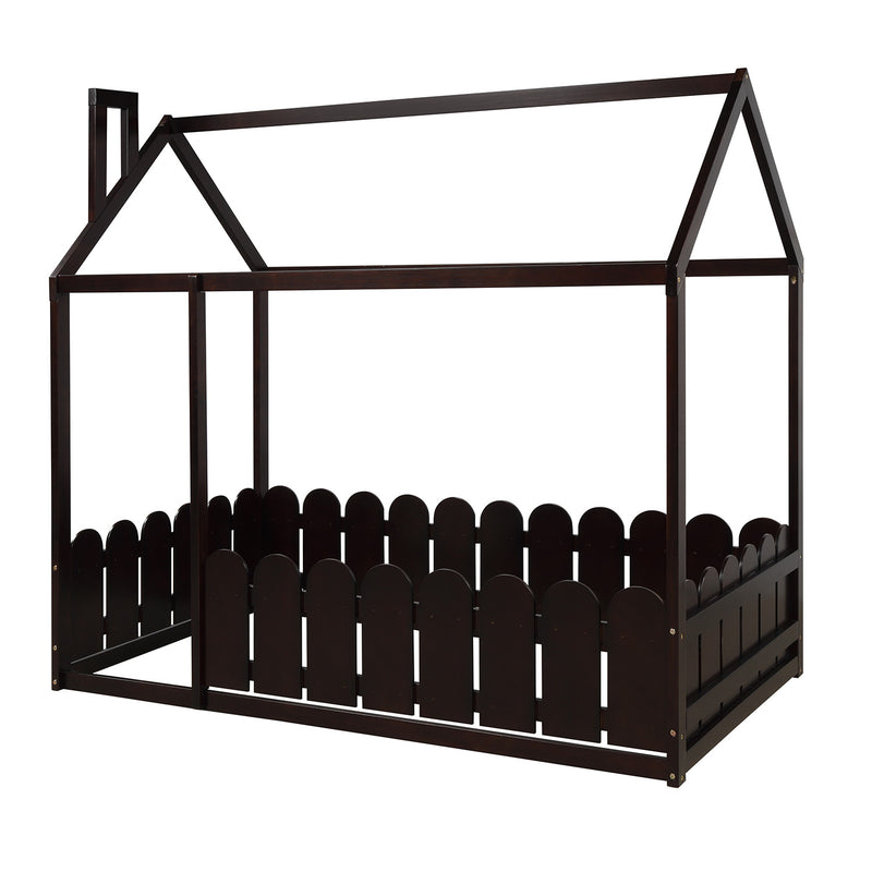 （Slats are not included)  Wood Bed House Bed Frame with Fence, for Kids, Teens, Girls, Boys