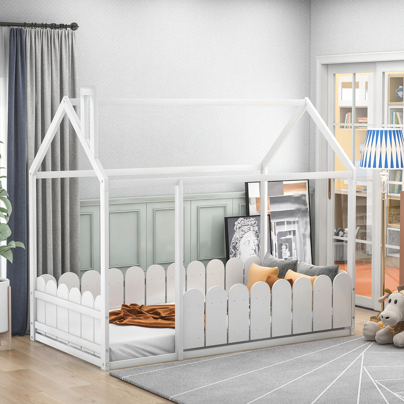 （Slats are not included)  Wood Bed House Bed Frame with Fence, for Kids, Teens, Girls, Boys