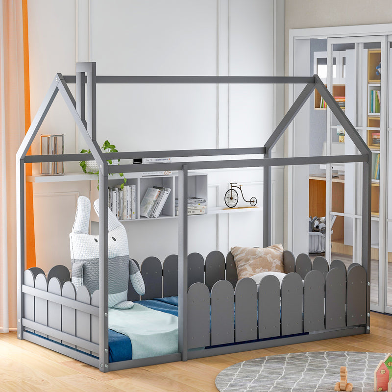 （Slats are not included)  Wood Bed House Bed Frame with Fence, for Kids, Teens, Girls, Boys