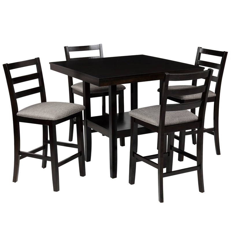 5-Piece Wooden Counter Height Dining Set with Padded Chairs and Storage Shelving, Espresso