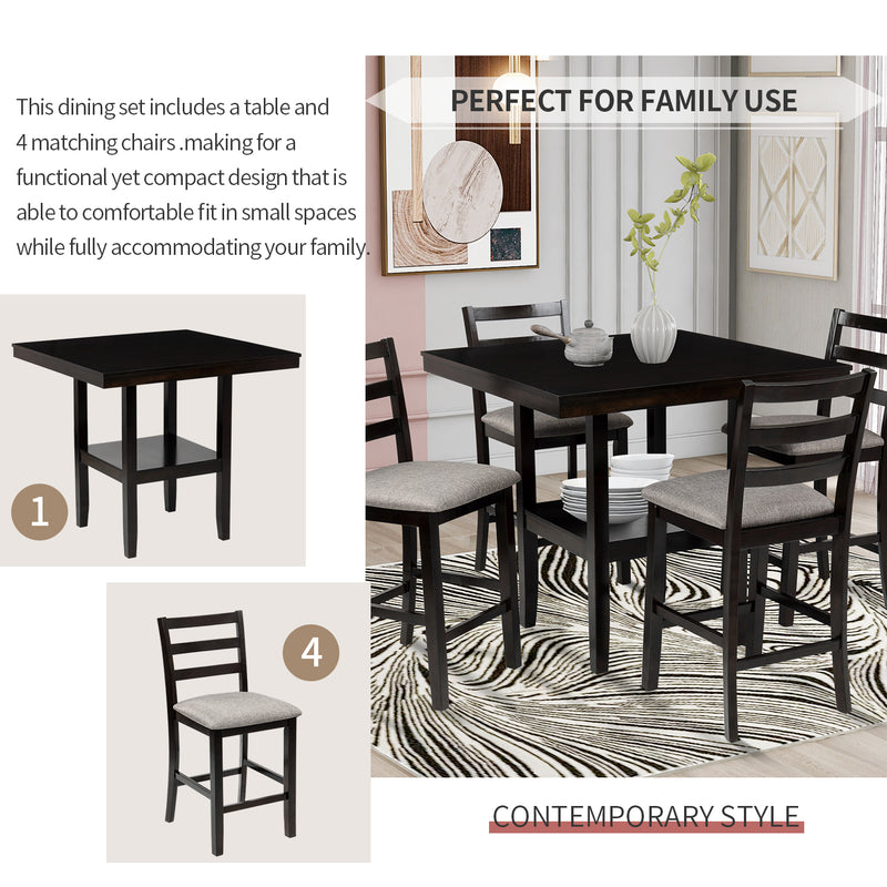 5-Piece Wooden Counter Height Dining Set with Padded Chairs and Storage Shelving, Espresso