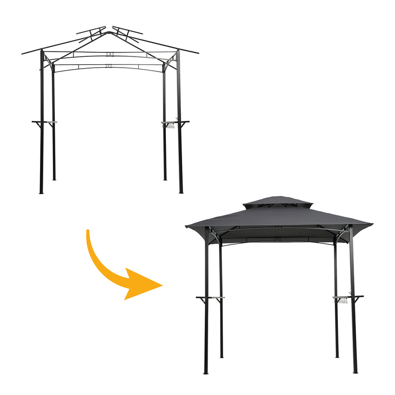 Outdoor Grill Gazebo 8 x 5 Ft, Shelter Tent, Double Tier Soft Top Canopy and Steel Frame with hook and Bar Counters, Grey