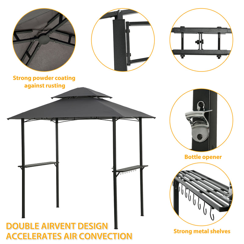 Outdoor Grill Gazebo 8 x 5 Ft, Shelter Tent, Double Tier Soft Top Canopy and Steel Frame with hook and Bar Counters, Grey