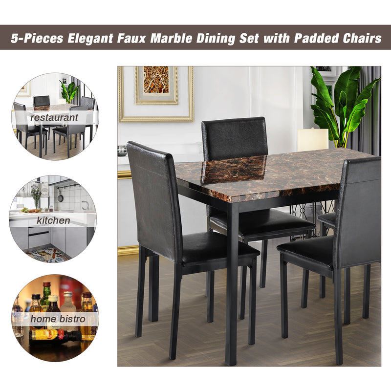 5Pcs Dining Set Kitchen Table Set Dining Table and 4 Leather Chairs