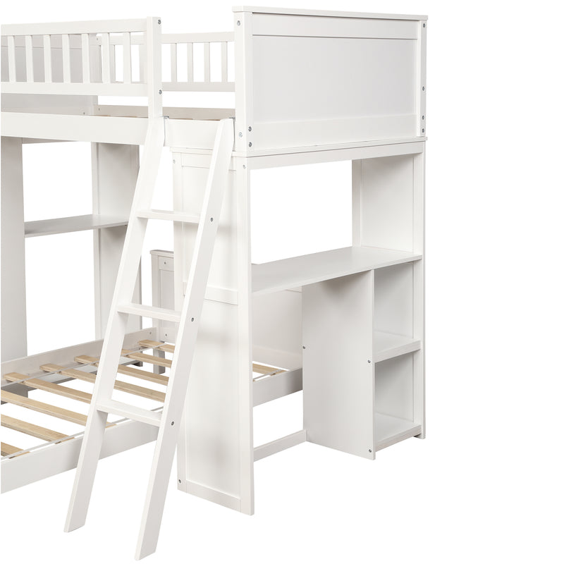 Twin over Twin Bed with Drawers and Shelves for Kids, White,Gray