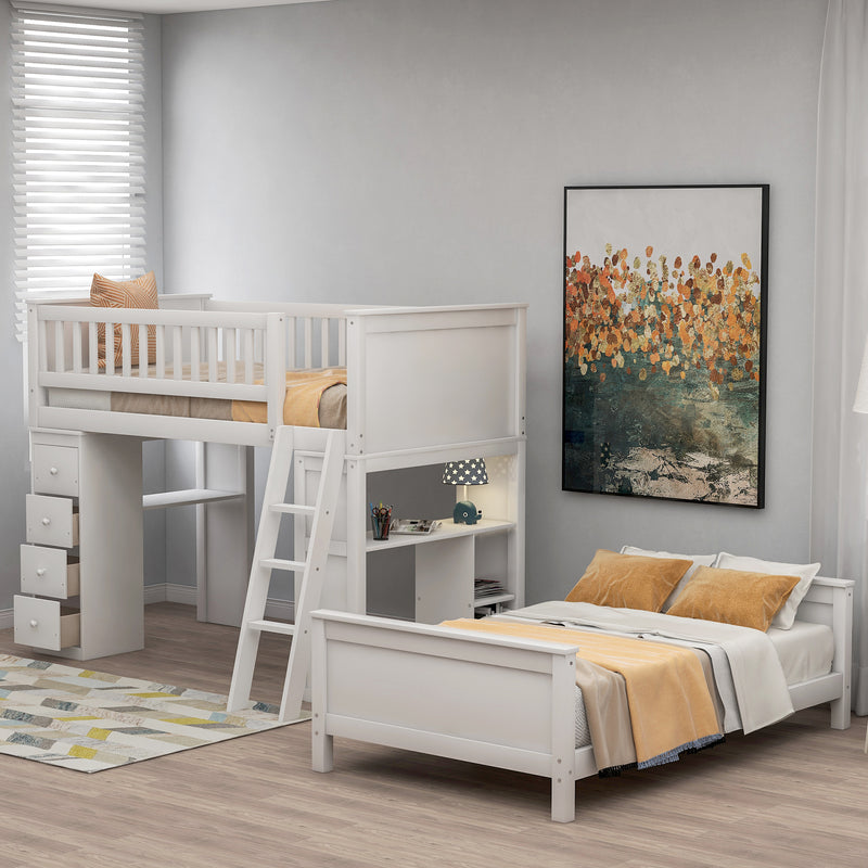 Twin over Twin Bed with Drawers and Shelves for Kids, White,Gray