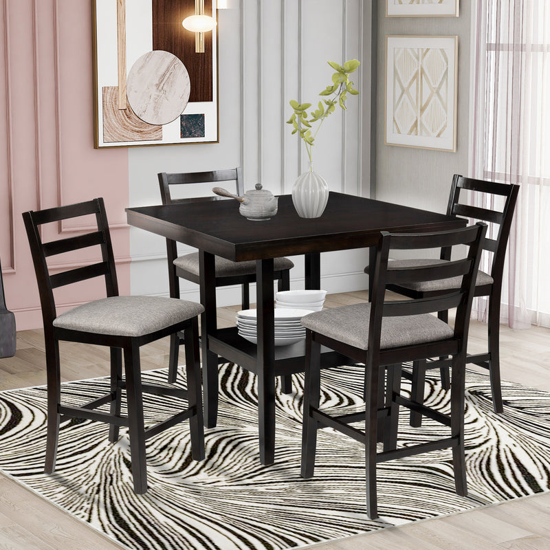 5-Piece Wooden Counter Height Dining Set with Padded Chairs and Storage Shelving, Espresso