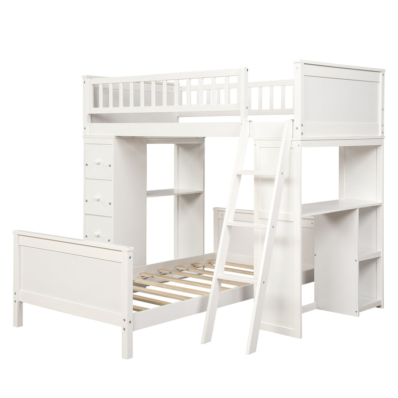 Twin over Twin Bed with Drawers and Shelves for Kids, White,Gray