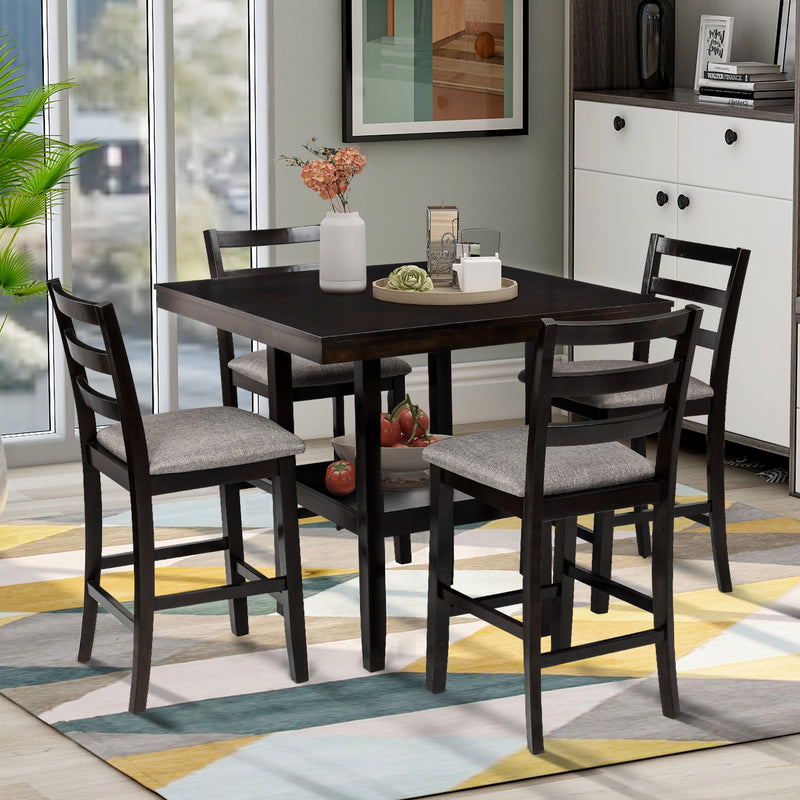 5-Piece Wooden Counter Height Dining Set with Padded Chairs and Storage Shelving, Espresso