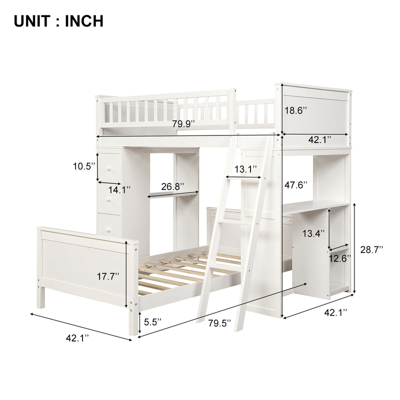 Twin over Twin Bed with Drawers and Shelves for Kids, White,Gray